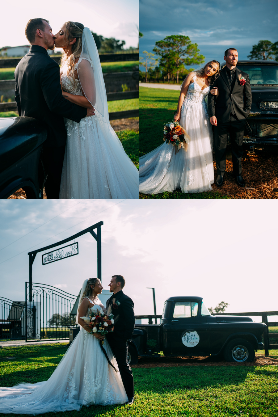 Collage of bride and groom posing in front of the farm at Ever After Farms Ranch